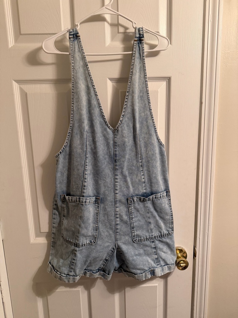 Light Wash Denim Short Overalls - Women
